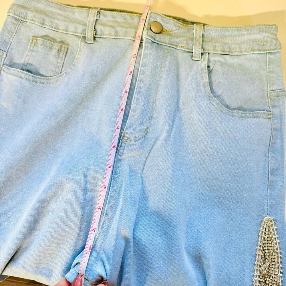 NEW Light Wash Stretch Denim Rhinestone Crystal Fringe Tassel Split Leg Jeans L - Picture 11 of 14